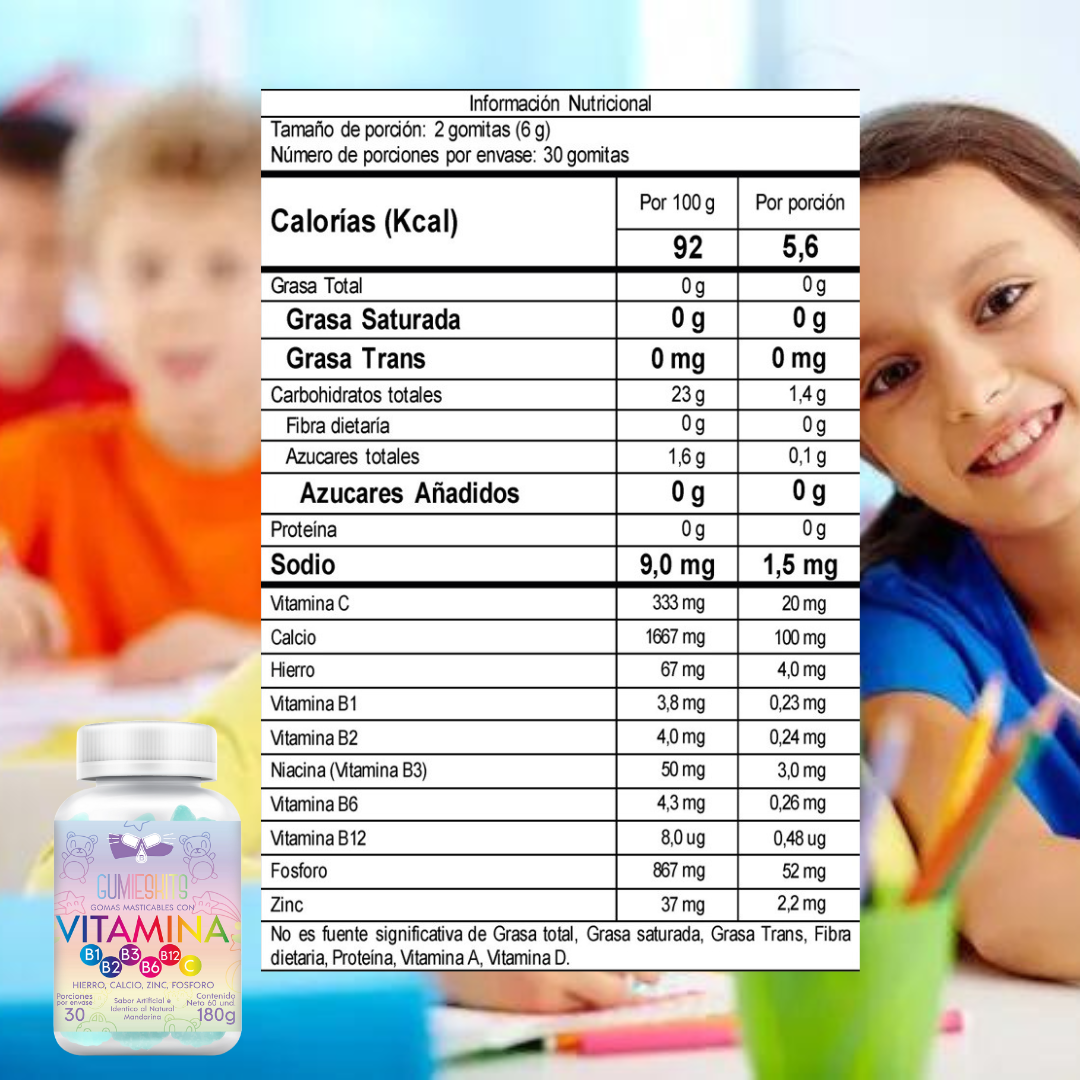 MULTIVITAMINICO EN GOMITAS PARA NIÑO: COMPLEJO B, VITAMINA C + enrriquecidas con hierro, calcio, zinc y fosforo.
