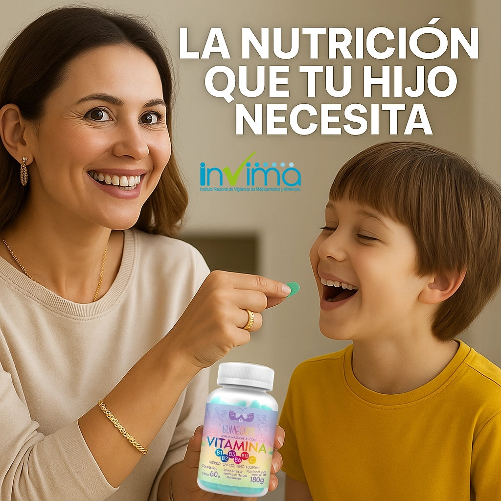 MULTIVITAMINICO EN GOMITAS PARA NIÑO: COMPLEJO B, VITAMINA C + enrriquecidas con hierro, calcio, zinc y fosforo.