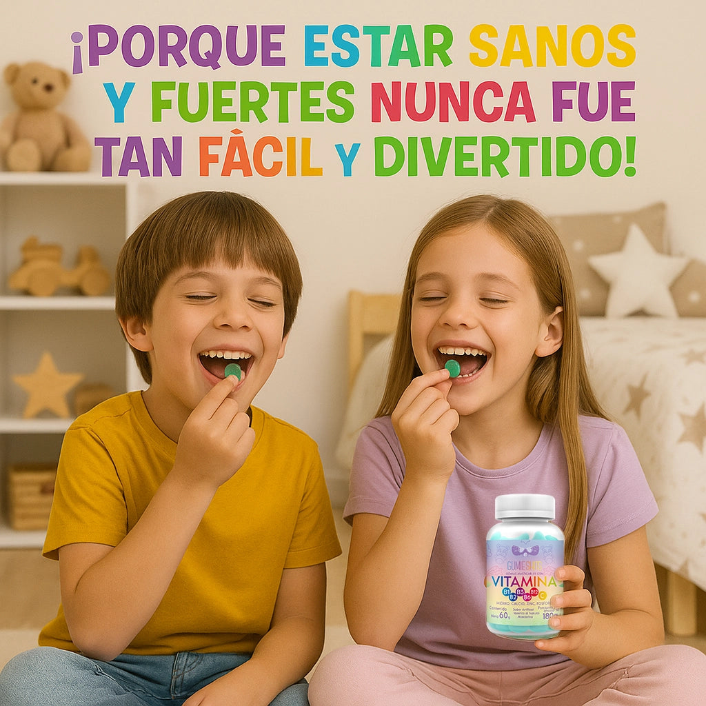 MULTIVITAMINICO EN GOMITAS PARA NIÑO: COMPLEJO B, VITAMINA C + enrriquecidas con hierro, calcio, zinc y fosforo.