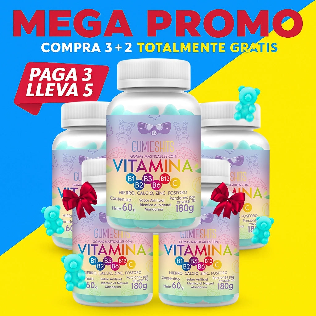 MULTIVITAMINICO EN GOMITAS PARA NIÑO: COMPLEJO B, VITAMINA C + enrriquecidas con hierro, calcio, zinc y fosforo.