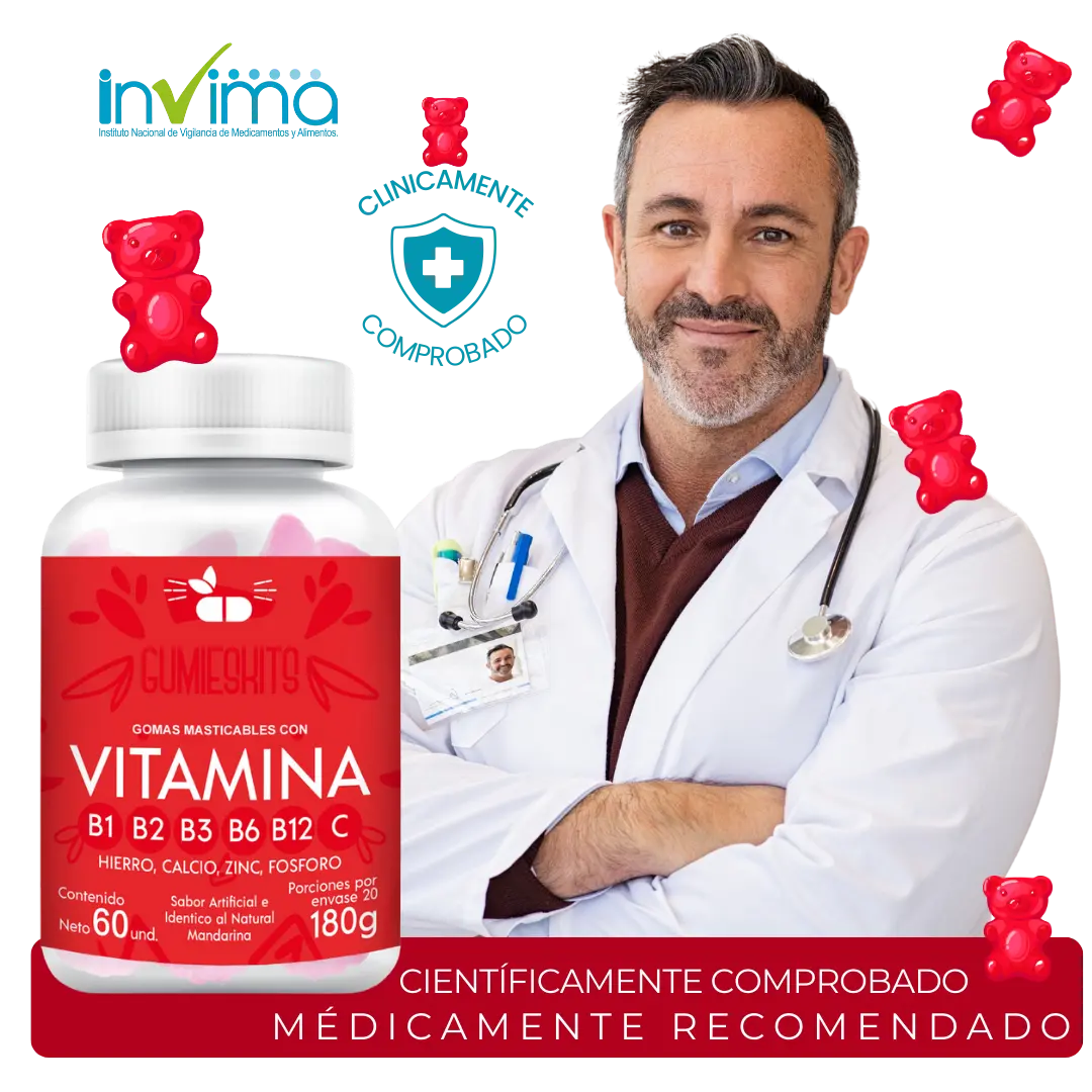 GUMIESKITS: GOMITAS DE COMPLEJO B, VITAMINA B + enrriquecidas con hierro, calcio, zinc y fosforo.