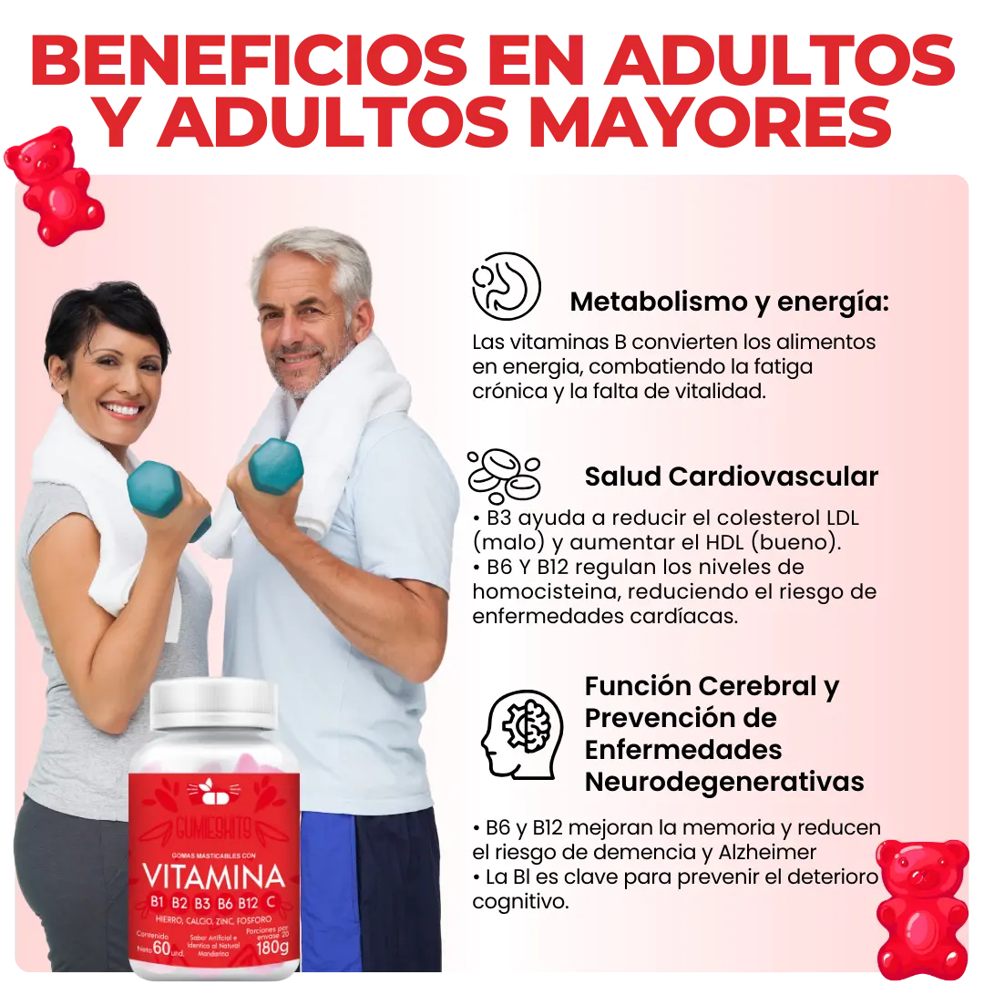 GUMIESKITS: GOMITAS DE COMPLEJO B, VITAMINA B + enrriquecidas con hierro, calcio, zinc y fosforo.