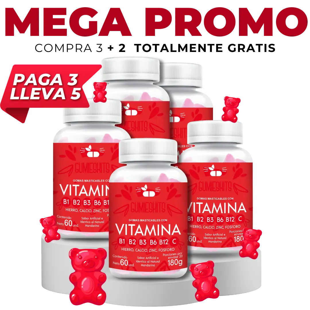 GUMIESKITS: GOMITAS DE COMPLEJO B, VITAMINA B + enrriquecidas con hierro, calcio, zinc y fosforo.