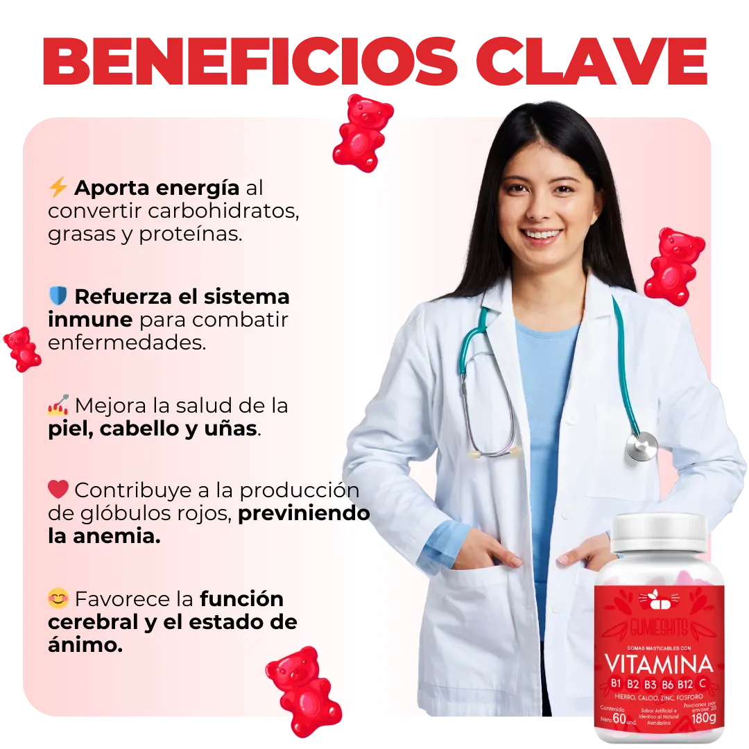 GUMIESKITS: GOMITAS DE COMPLEJO B, VITAMINA B + enrriquecidas con hierro, calcio, zinc y fosforo.