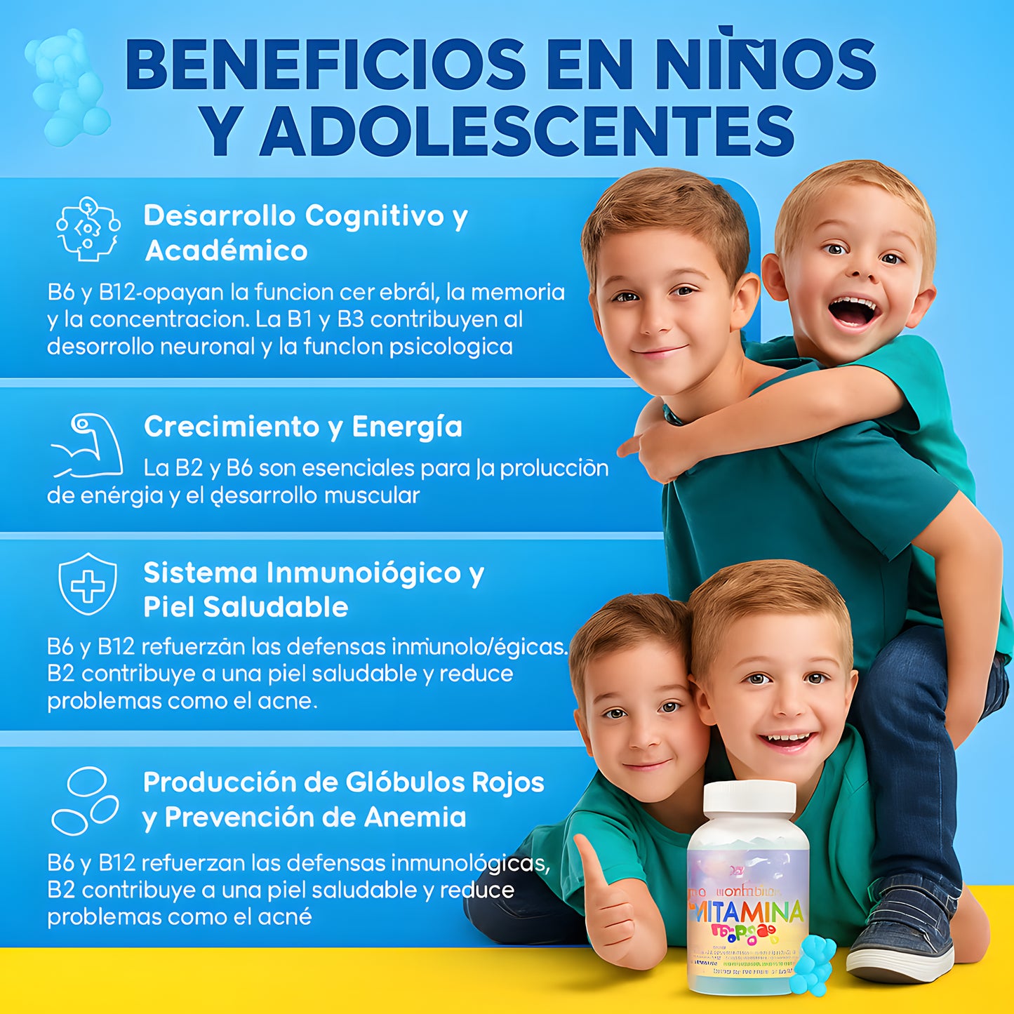 MULTIVITAMINICO EN GOMITAS PARA NIÑO: COMPLEJO B, VITAMINA C + enrriquecidas con hierro, calcio, zinc y fosforo.