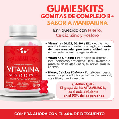 GUMIESKITS: GOMITAS DE COMPLEJO B, VITAMINA B + enrriquecidas con hierro, calcio, zinc y fosforo.