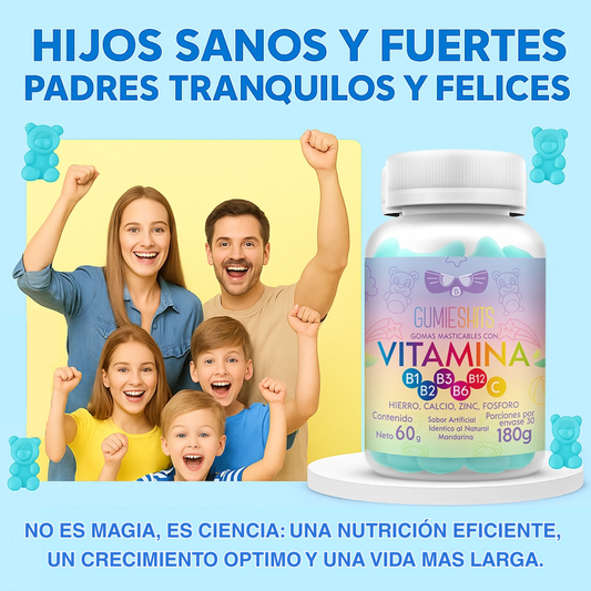 MULTIVITAMINICO EN GOMITAS PARA NIÑO: COMPLEJO B, VITAMINA C + enrriquecidas con hierro, calcio, zinc y fosforo.