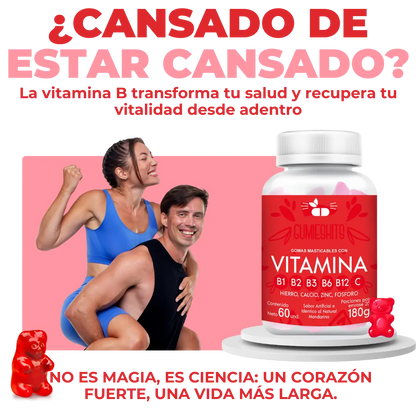 GUMIESKITS: GOMITAS DE COMPLEJO B, VITAMINA B + enrriquecidas con hierro, calcio, zinc y fosforo.