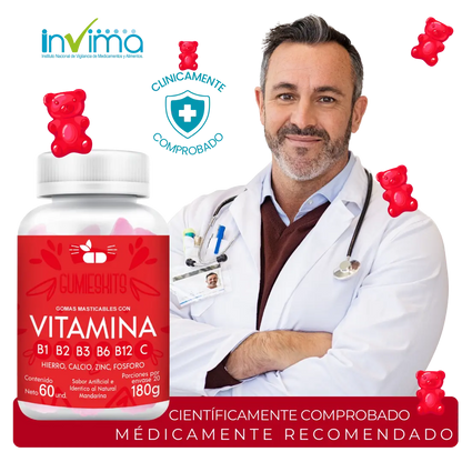 GUMIESKITS: GOMITAS DE COMPLEJO B, VITAMINA B + enrriquecidas con hierro, calcio, zinc y fosforo.