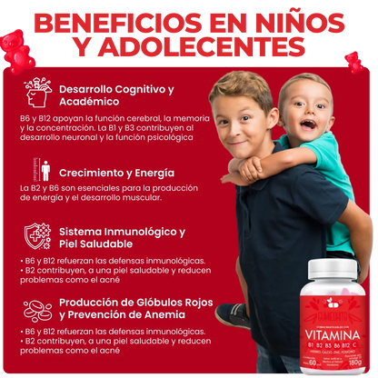 GUMIESKITS: GOMITAS DE COMPLEJO B, VITAMINA B + enrriquecidas con hierro, calcio, zinc y fosforo.