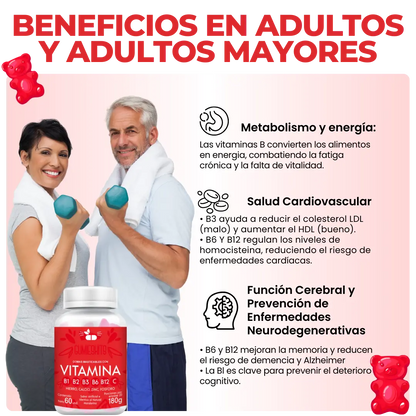 GUMIESKITS: GOMITAS DE COMPLEJO B, VITAMINA B + enrriquecidas con hierro, calcio, zinc y fosforo.