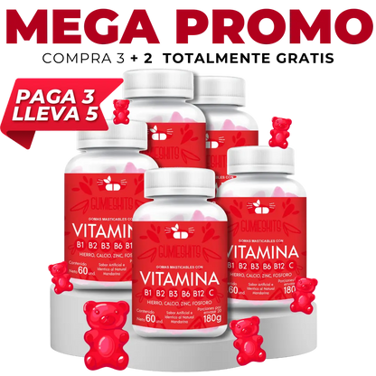 GUMIESKITS: GOMITAS DE COMPLEJO B, VITAMINA B + enrriquecidas con hierro, calcio, zinc y fosforo.