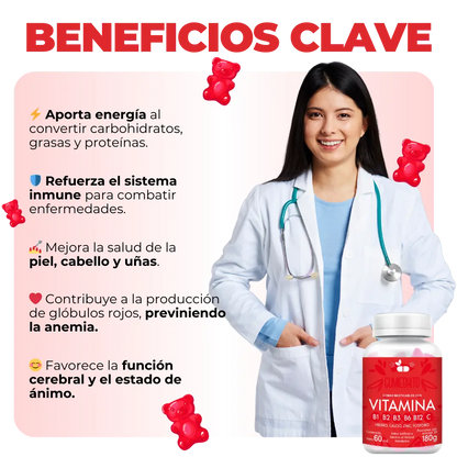 GUMIESKITS: GOMITAS DE COMPLEJO B, VITAMINA B + enrriquecidas con hierro, calcio, zinc y fosforo.