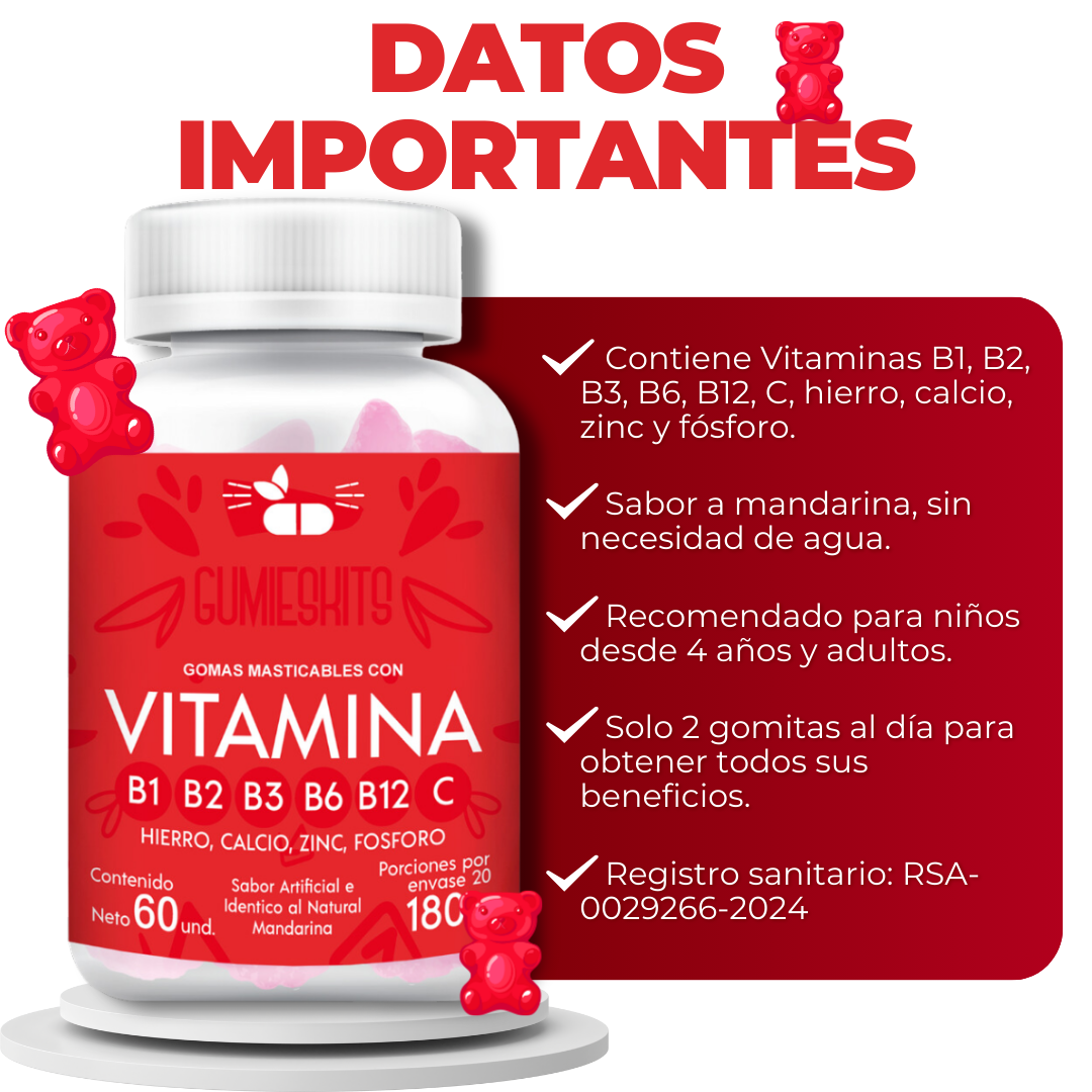 GUMIESKITS: GOMITAS DE COMPLEJO B, VITAMINA B + enrriquecidas con hierro, calcio, zinc y fosforo.