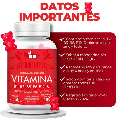 GUMIESKITS: GOMITAS DE COMPLEJO B, VITAMINA B + enrriquecidas con hierro, calcio, zinc y fosforo.
